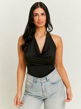 Tally Weijl Black Halter Cowl Neck Bodysuit | Backless | Size M